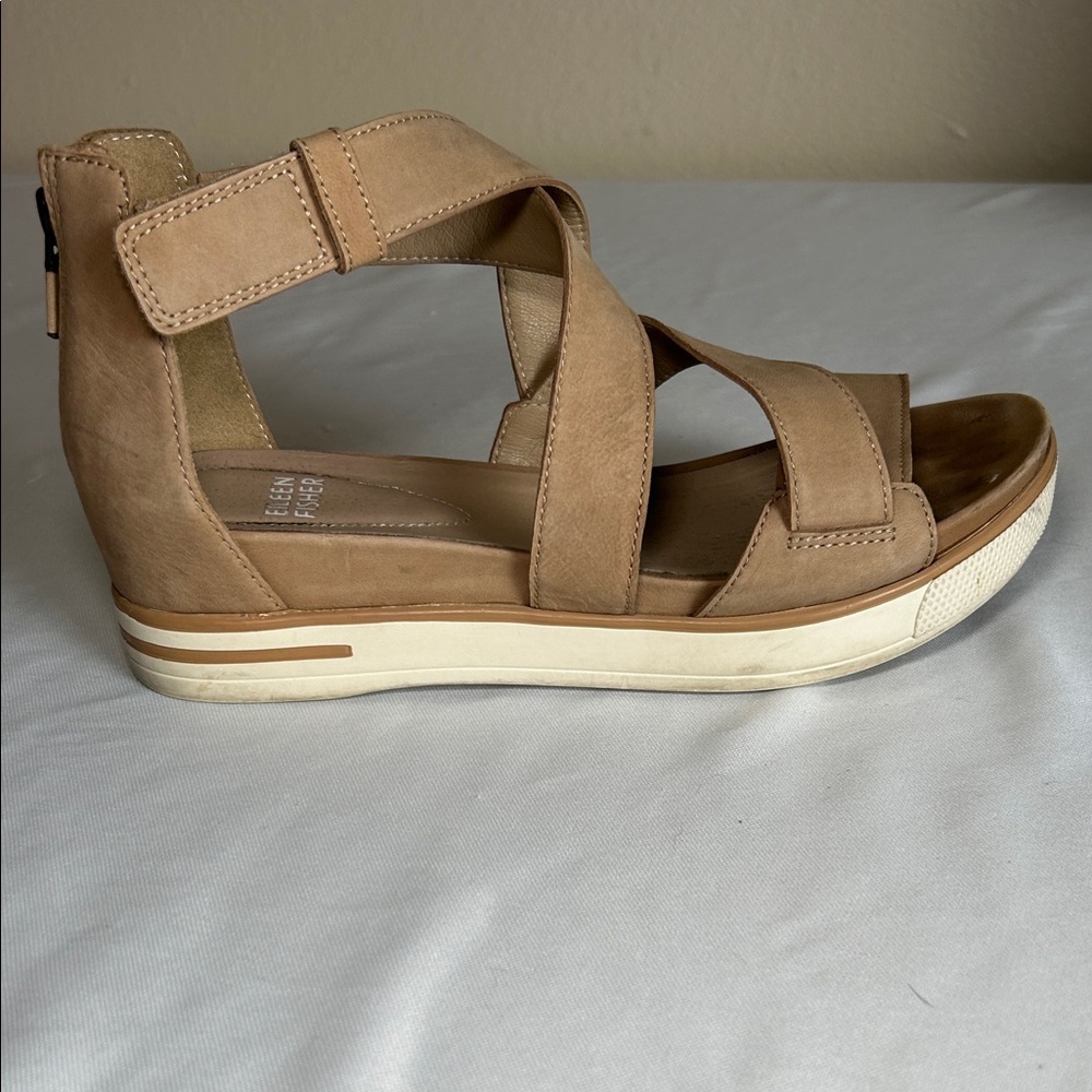 Eileen Fisher Nubuck Strappy Tan Ankle Platform Sandals Size 6.5
